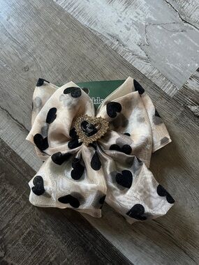 wild fable Cream Bow Hair Clip with Black Heart Print and Gold Heart Center
